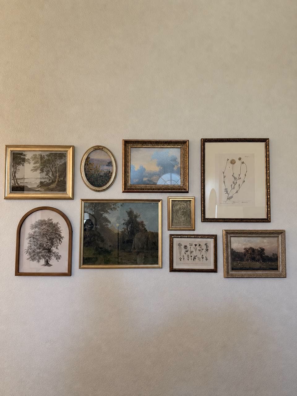 Nine gilt and dark wood frames of landscapes and botanical prints hung salon style on a soft plaster wall.