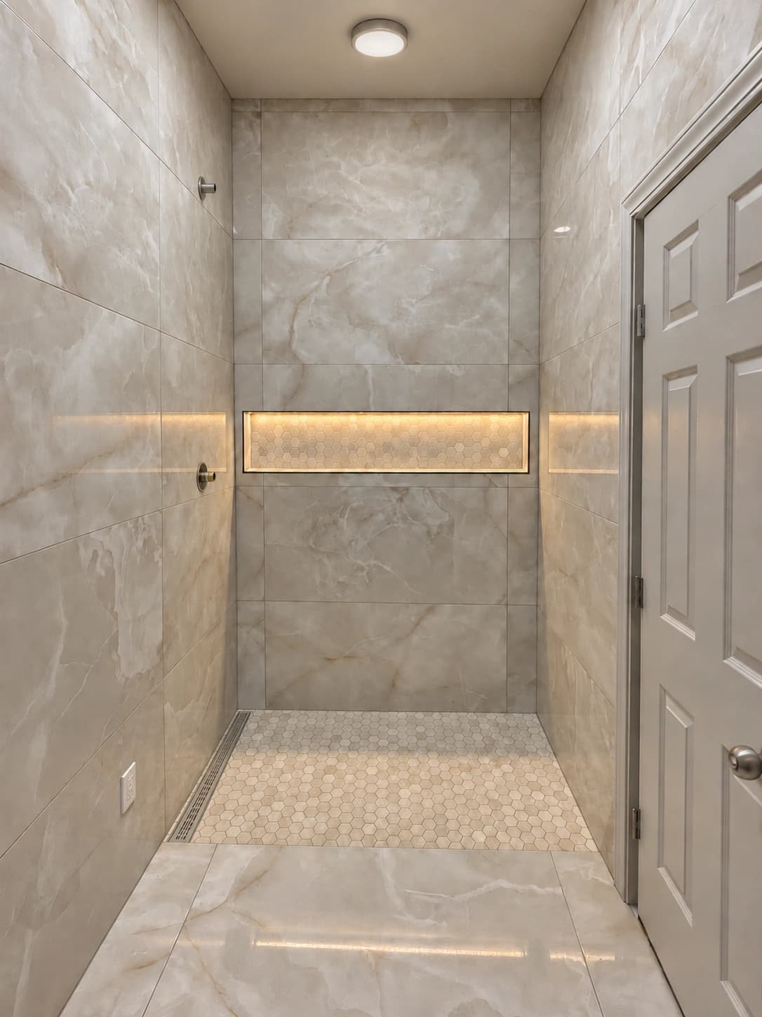 Curbless shower in large-format beige marble-look tile with a long backlit niche lined in hexagon mosaic, a hex mosaic floor and a linear drain along the wall.
