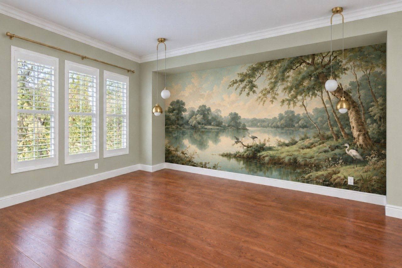 Dining room wall covered by a panoramic mural of a lake, trees and wading herons.